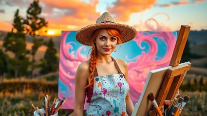 Young woman painting outdoors with easel and brushes at sunset with a straw hat and colorful apron
