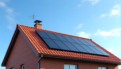 Portrait of modern solar panels installed on tiled roof UK house, solar panel installation, clear blue sky - renewable, green energy, sustainable living, eco-friendly alternative concept