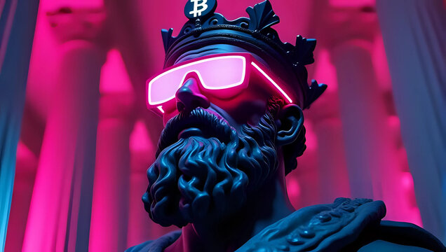 A Hercules bust with Bitcoin glasses, neon crown in cyberpunk style, ancient sculpture, futuristic, surreal, abstract, dramatic - cryptocurrency, digital, evolution of modern finance concept 