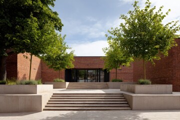 A modern red brick building features a central entrance with glass doors