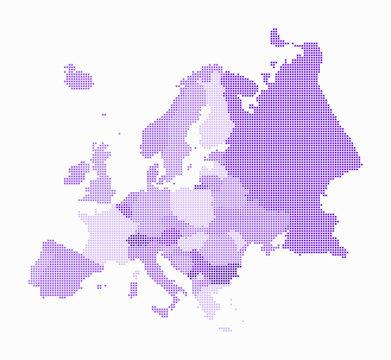 Europe dotted map. Digital style map of the continent on white background. Europe shape with square dots. Colored dots style. Small size squares. Awesome vector illustration.