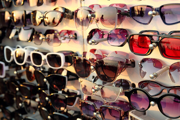 Lot of style sunglasses on the counter of store. Assortment of sunglasses.