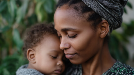 Mother tenderly embracing her sleeping child outdoors