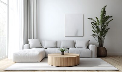 Fototapeta premium Minimalist living room with a white sofa, wooden table, and plant accents