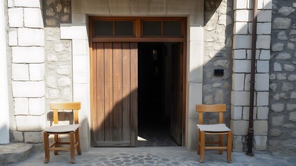 Two empty wooden chairs flank an open doorway, inviting entry into a sunlit space.