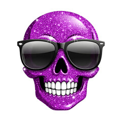 A stylish purple glitter skull with black sunglasses embodies a captivating fusion of edginess and elegance. This striking illustration adds a unique twist to any visual concept.