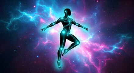 Obraz premium Digital art: glowing human body silhouette with highlighted joints.