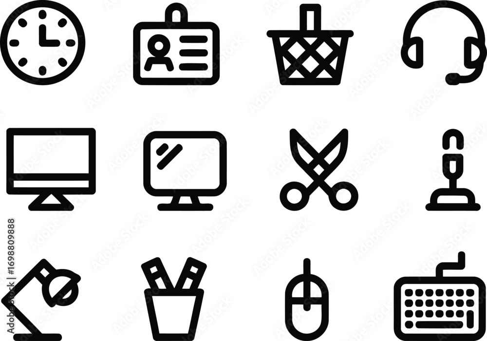 Poster collection of black and white office supply icons featuring a clock monitor keyboard and various des