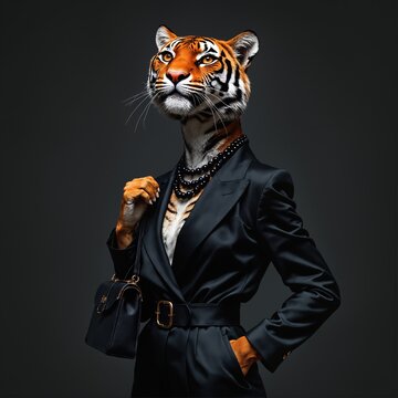 Graceful Tigress dressed in luxurious black stylish suit with handbag and necklace. Black Friday sale concept. Fashion portrait of anthropomorphic creative animal in elegant pose wearing clothes