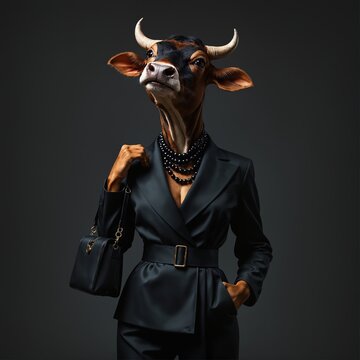 Graceful Cow dressed in luxurious black stylish suit with handbag and necklace. Black Friday sale concept. Fashion portrait of anthropomorphic creative animal in elegant pose wearing clothes