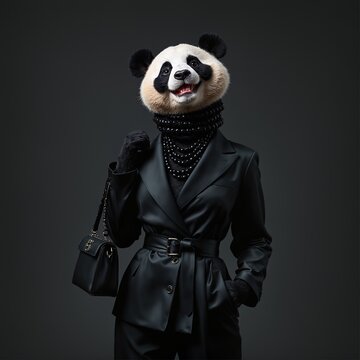 Graceful Panda dressed in luxurious black stylish suit with handbag and necklace. Black Friday sale concept. Fashion portrait of anthropomorphic creative animal in elegant pose wearing clothes