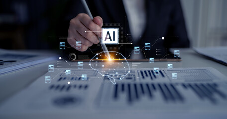 AI neural network and data processing system visualizing artificial intelligence with brain structure, chip, and connected data blocks for computation and learning Latch