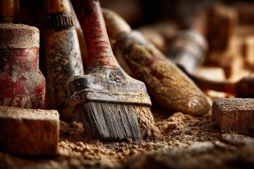Close-up of old worn paintbrushes and tools covered in fine brown powder on a rustic surface