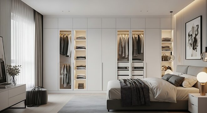 Modern Bedroom with Walk-in Closets and Luxurious Bedding.