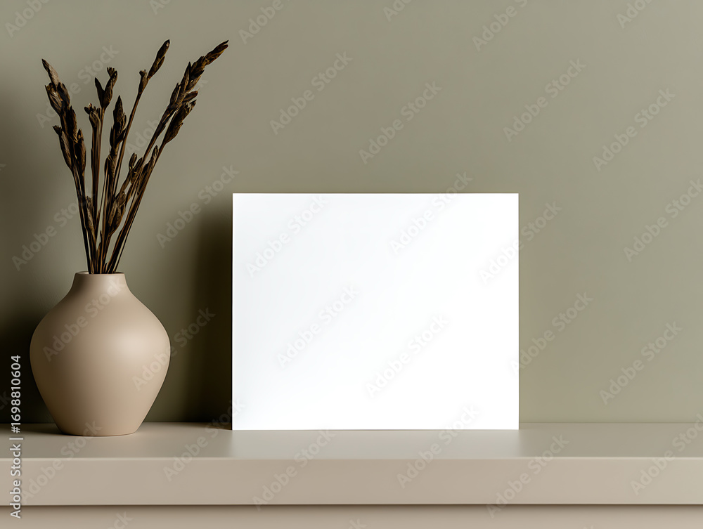 Poster minimalist display: vase with dried botanicals next to a blank white canvas on a neutral shelf again