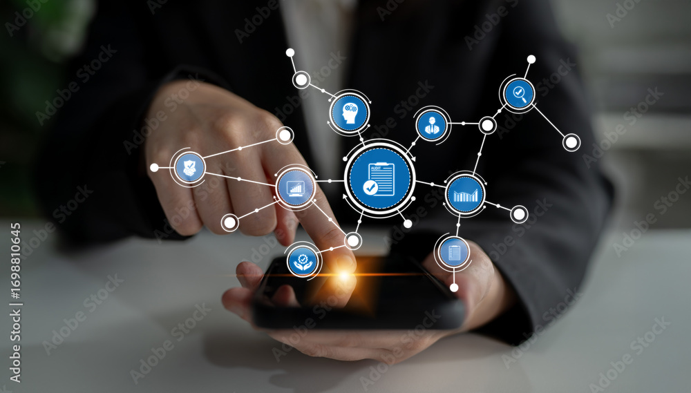 Poster a professional individual interacts with a smartphone that displays a digital network of icons, symb