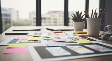 UI/UX Design Workspace Featuring Mockups, Stationery, and a Plant Against a Blurred City Backdrop