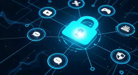 Cybersecurity concept image showing a glowing blue padlock at the center, connected to various digital icons representing data protection and online security