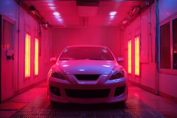 Sleek white car in high-tech vehicle service bay with glowing vertical panels and vibrant illumination