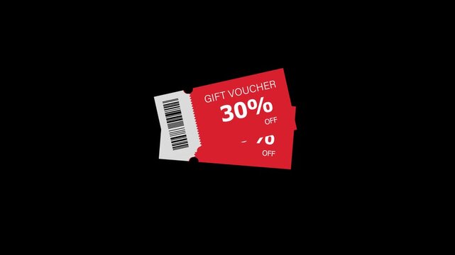 30%  thirty percent voucher card animation on black background showing promotional discount offer, sale coupon concept, and digital marketing design for e-commerce visuals.
