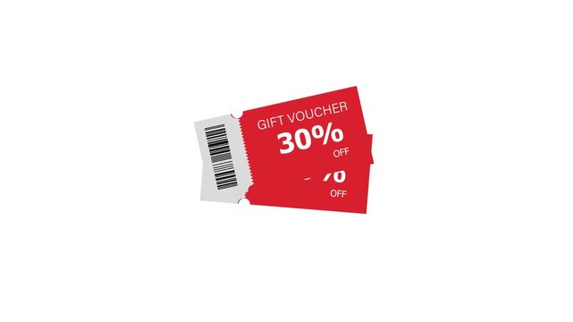 30% thirty percent voucher card animation on white background showing discount coupon concept, promotional sale offer, and marketing design for shopping and e-commerce visuals.