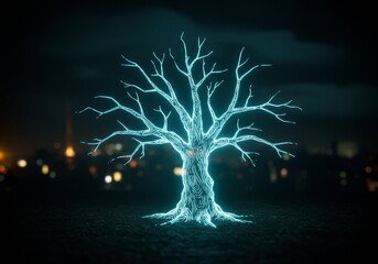 Abstract Haunted Tree Glowing with Neon Lines in Dark Night