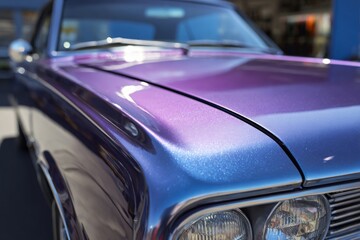 Fototapeta premium Classic car with vibrant iridescent purple blue paint shimmering in sunlight