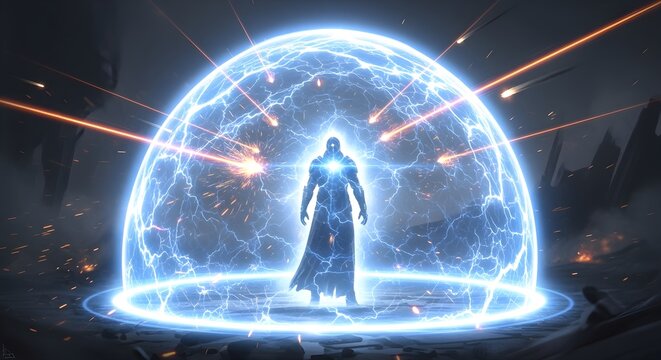 Digital concept: glowing shield protecting figure inside from harm.