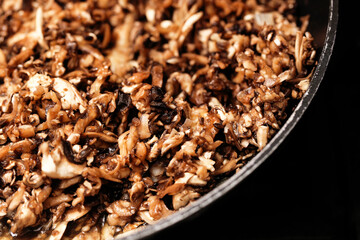 Fried mushrooms closeup. Fresh chopped champignons cooked in pan. Tasty vegetarian food. Homemade hot meal. Golden brown organic mushrooms. Traditional natural rustic kitchen cuisine.