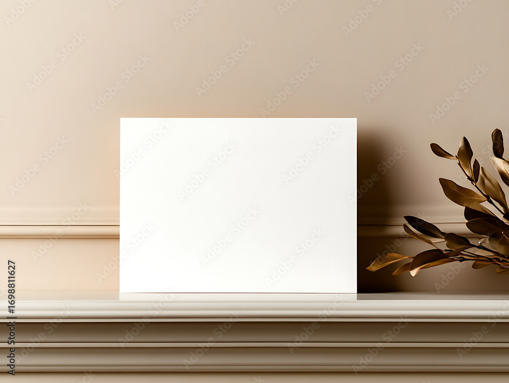 Poster clean and serene aesthetic featuring a blank canvas on a shelf with golden leaves for a minimalist m