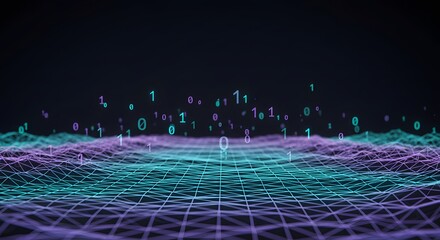 Minimal neon grid with floating binary digits glowing across futuristic cyber background for data flow visualization