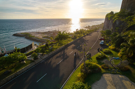 Natural landscape from a drone over Melasti beach on the island of Bali. The ocean at sunset.