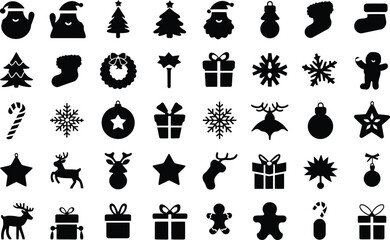 Vector art of a festive collection of christmasthemed icons and silhouettes, including santa, trees, ornaments, and reindeer, perfect for holiday designs