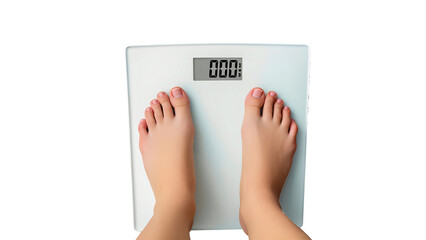 Top view: feet on electronic floor scales with zeros on the display.