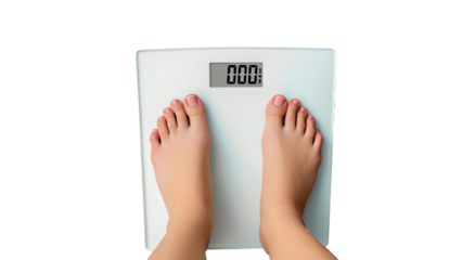 Top view: feet on electronic floor scales with zeros on the display.