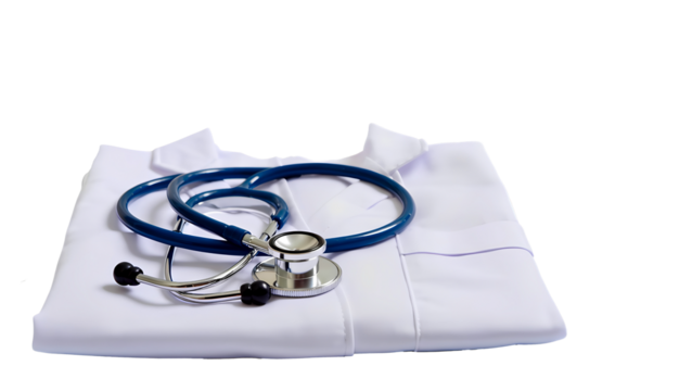White medical coat and blue stethoscope isolated on clean white background.