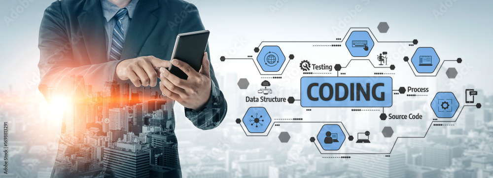 Poster a businessman interacts with a tablet amidst visual representations of coding concepts, illustrating