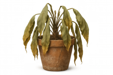 Withering neglected plant in cracked terracotta pot, symbolizing decay, abandonment, fragile existence against transparent background
