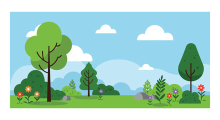 Fototapeta premium a serene landscape with trees flowers and fluffy clouds