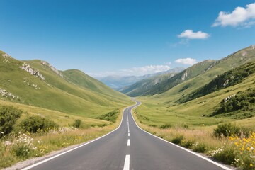 A wonderfully picturesque road winds its way through the lush, verdant mountains beneath a clear blue sky