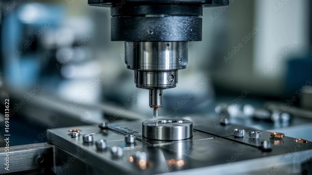 Poster focused medium shot of a metallic prototype fixed on the cmm table under the probe showcasing dimens