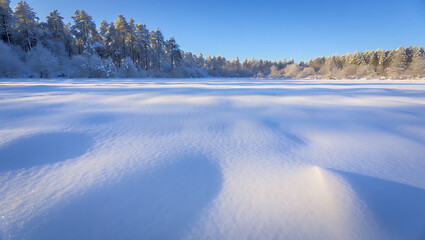Winter sunrise over snowy meadow with golden light on horizon