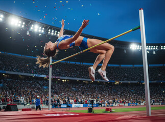 A female athlete performing a high jump during a stadium competition, with confetti falling and a large crowd cheering. Captures the intensity, athleticism, and drama of track and field.