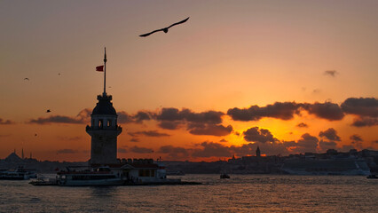 Silhouette of Maiden's Tower at sunset in Istanbul