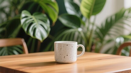 Speckled White Mug on Wooden Table with Tropical Plant Background – Cozy Home and Beverage Photography