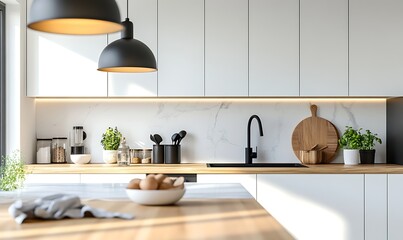 Modern kitchen interior with focus on natural light and wooden accents