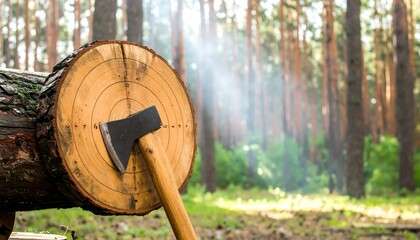 Axe resting on a log target in a forest