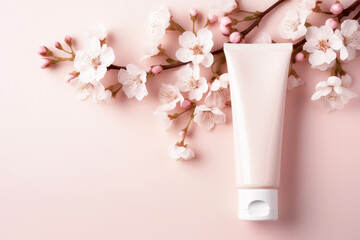 Hand cream bottle surrounded by delicate flowers on a soft pink background. Copyspace