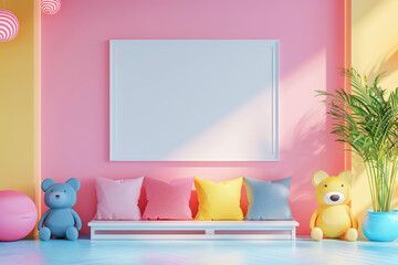 Bright and modern children's room with a colorful frame mockup and playful decor. Copy space