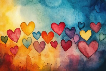 Watercolor illustration of colorful hearts on a vibrant background with copy space for text